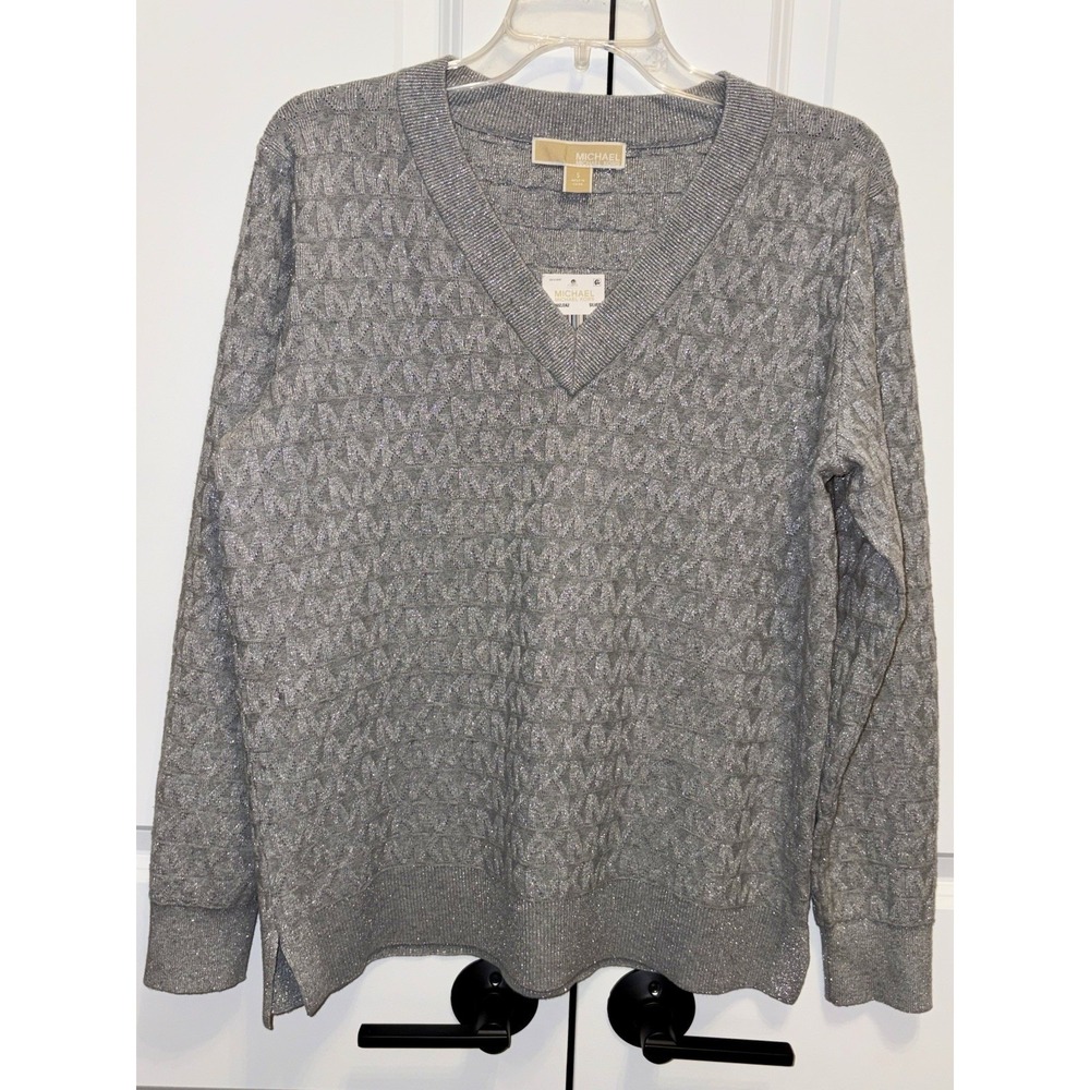 MICHAEL KORS Women's LS Logo Jacquard  Metallic Knit Top Sweater Size-S NWT